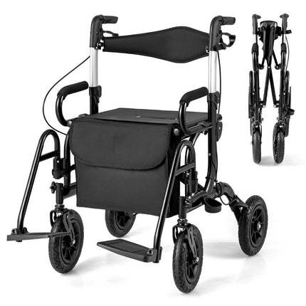 Rollator și scaun cu rotile 2 în 1, ușor, pliabil, negru