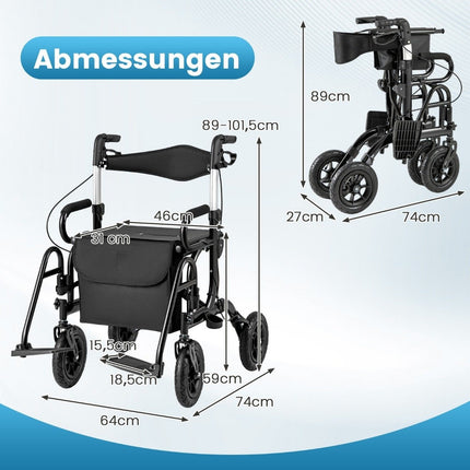 Rollator și scaun cu rotile 2 în 1, ușor, pliabil, negru