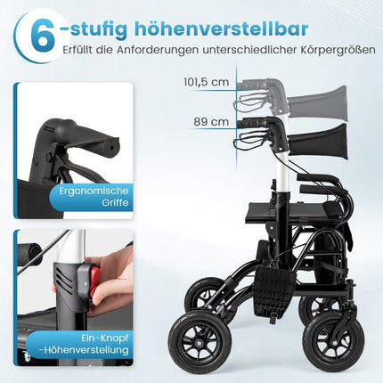 Rollator și scaun cu rotile 2 în 1, ușor, pliabil, negru