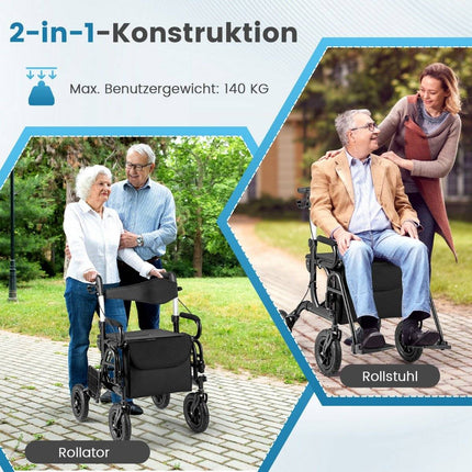 Rollator și scaun cu rotile 2 în 1, ușor, pliabil, negru