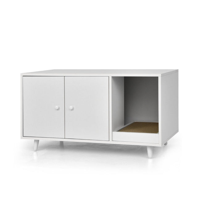 Masa laterala 2 in 1 si dulap pentru pisici cu tabla de zgariat Litierul pentru pisici 90 x 50 x 50 cm Masuta de cafea alba