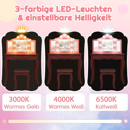Masuta de toaleta pentru copii 2 in 1 cu lumini LED si oglinda plianta si sertare albe