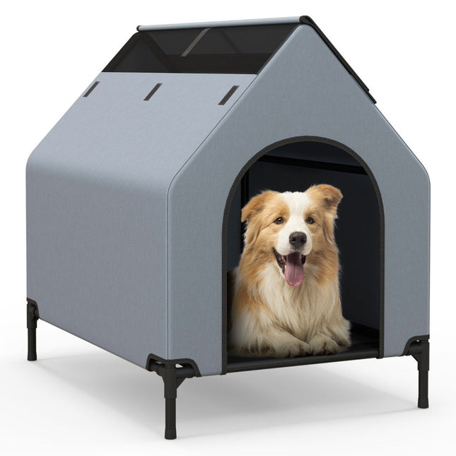 Casă pentru câini 2 în 1 &amp; Pat pentru câini înălțat șezlong pentru câini Casă în aer liber pentru animale de companie cu plasă respirabilă gri 64 x 91 x 86 cm
