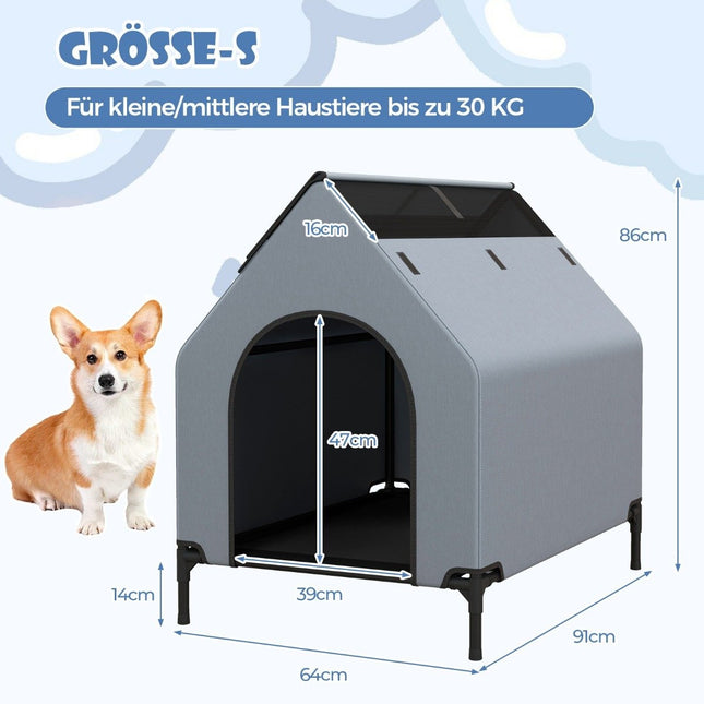 Casă pentru câini 2 în 1 &amp; Pat pentru câini înălțat șezlong pentru câini Casă în aer liber pentru animale de companie cu plasă respirabilă gri 64 x 91 x 86 cm