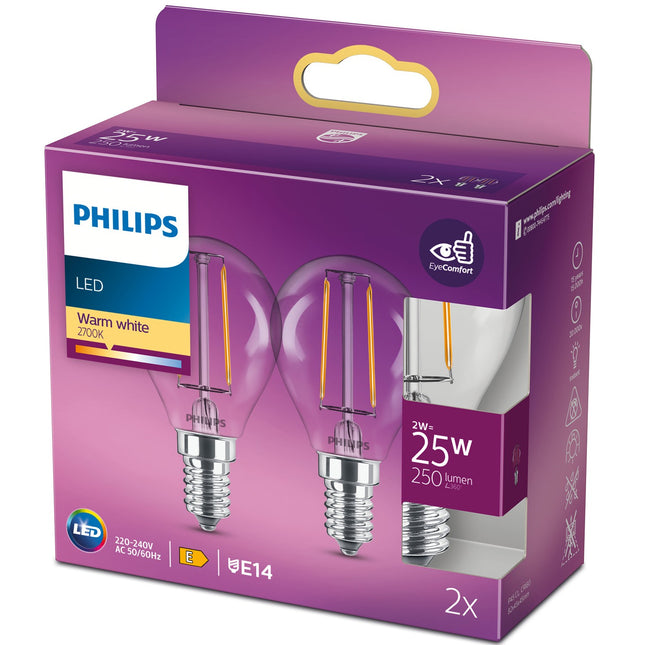 2-pack LED E14 Globe 2W (25W) Clear 250lm
