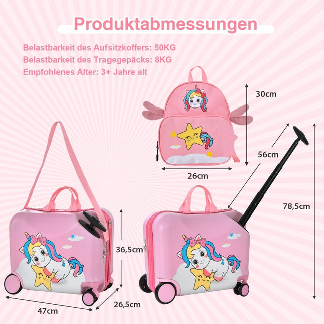 valiză pentru copii din 2 piese + rucsac Valistă cu lungime de 47 cm și rucsac lățime de 30 cm unicorn roz