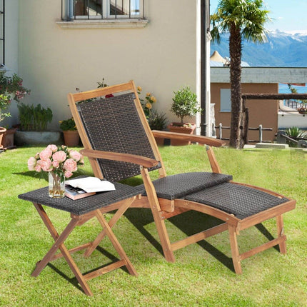 2-piece garden furniture set consisting of a chair with extendable footrest and side table made of brown acacia wood