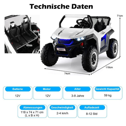 Mașină pentru copii cu 2 locuri 12V cu muzică și faruri 118 x 74 x 71 cm-Alb
