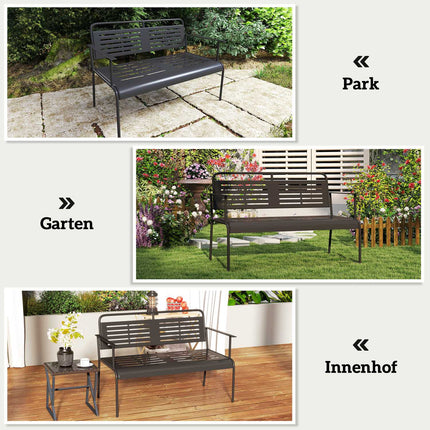 Bancă de grădină cu 2 locuri, bancă cu design lamele, mobilier de grădină hidrofug cu spătar și cotiere, bancă de parc capacitate de încărcare 240kg, bancă de balcon pentru terasă, grădină, 121 x 64 x 84cm, negru |