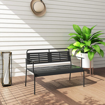 Bancă de grădină cu 2 locuri, bancă cu design lamele, mobilier de grădină hidrofug cu spătar și cotiere, bancă de parc capacitate de încărcare 240kg, bancă de balcon pentru terasă, grădină, 121 x 64 x 84cm, negru |