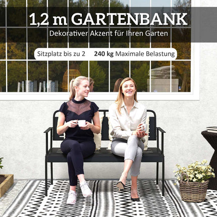 Bancă de grădină cu 2 locuri, bancă cu design lamele, mobilier de grădină hidrofug cu spătar și cotiere, bancă de parc capacitate de încărcare 240kg, bancă de balcon pentru terasă, grădină, 121 x 64 x 84cm, negru |