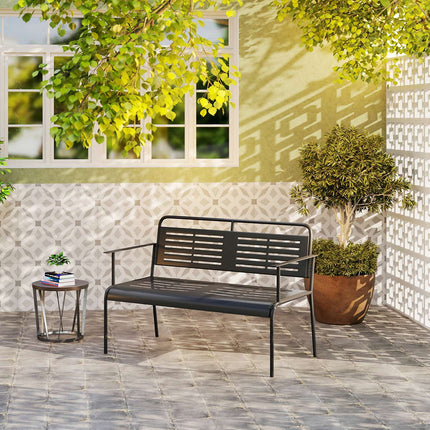 Bancă de grădină cu 2 locuri, bancă cu design lamele, mobilier de grădină hidrofug cu spătar și cotiere, bancă de parc capacitate de încărcare 240kg, bancă de balcon pentru terasă, grădină, 121 x 64 x 84cm, negru |
