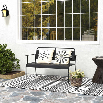 Bancă de grădină cu 2 locuri, bancă cu design lamele, mobilier de grădină hidrofug cu spătar și cotiere, bancă de parc capacitate de încărcare 240kg, bancă de balcon pentru terasă, grădină, 121 x 64 x 84cm, negru |