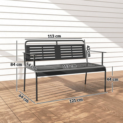 Bancă de grădină cu 2 locuri, bancă cu design lamele, mobilier de grădină hidrofug cu spătar și cotiere, bancă de parc capacitate de încărcare 240kg, bancă de balcon pentru terasă, grădină, 121 x 64 x 84cm, negru |