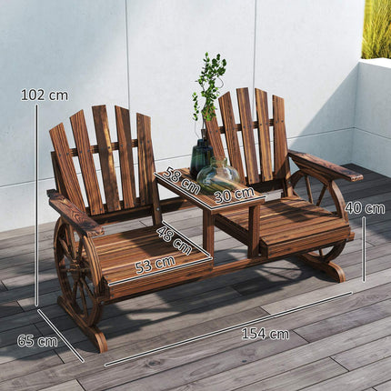 Banca de gradina din lemn cu 2 locuri, banca rezistenta la intemperii, mobilier de gradina cu gaura pentru umbrela, picioare in forma de roata de car, masa bancuta de parc capacitate 120 kg, bancuta de balcon, banca de lemn pentru gradina de balcon 154x65