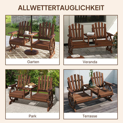 Banca de gradina din lemn cu 2 locuri, banca rezistenta la intemperii, mobilier de gradina cu gaura pentru umbrela, picioare in forma de roata de car, masa bancuta de parc capacitate 120 kg, bancuta de balcon, banca de lemn pentru gradina de balcon 154x65