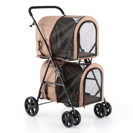 Carucior pentru caini cu 2 niveluri pana la 16 kg carucior pentru caini cu geamuri plasa suport bautura bej