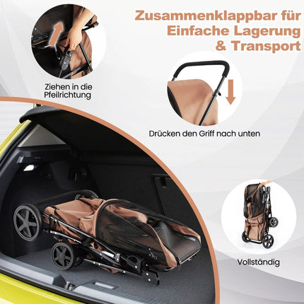 Carucior pentru caini cu 2 niveluri pana la 16 kg carucior pentru caini cu geamuri plasa suport bautura bej