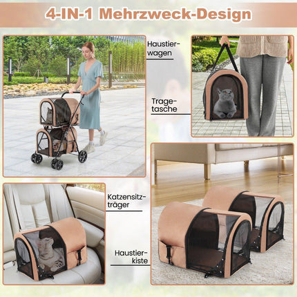 Carucior pentru caini cu 2 niveluri pana la 16 kg carucior pentru caini cu geamuri plasa suport bautura bej