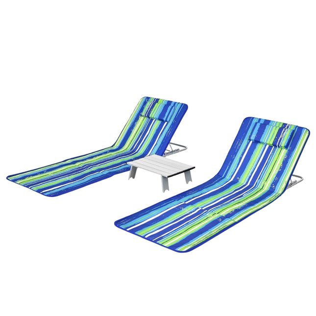2 x Covoraș de plajă cu masă laterală set șezlong reglabil 151 x 55,5 x 27-47 albastru + verde