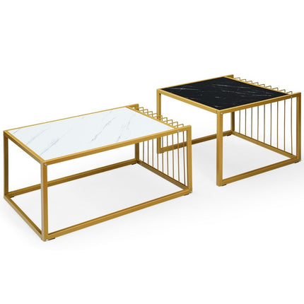2 x side table set, coffee table, marble modern side table, yellow + black + white