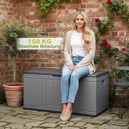 Ladă de depozitare pentru exterior, 300 l, HDPE, capac cu încuietoare, gri