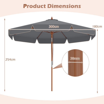 Umbrelă de terasă gri, 300 cm, cu înclinare și tijă de lemn