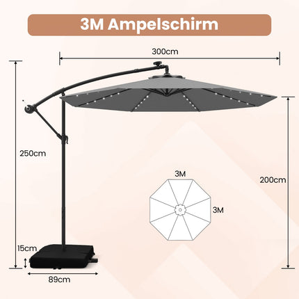 Umbrelă de terasă de 300 cm cu lumini LED solare și saci de nisip