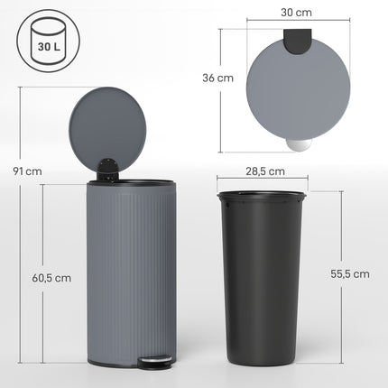 Coș de gunoi cu pedală de 30 l, cu capac cu închidere silențioasă, metal negru
