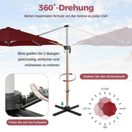 Ø 330 cm umbrela de soare cu manivela &amp; UPF 50+ &amp; Umbrela cantilever rotativa 360° umbrela de gradina rosie