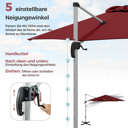 Ø 330 cm umbrela de soare cu manivela &amp; UPF 50+ &amp; Umbrela cantilever rotativa 360° umbrela de gradina rosie