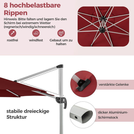 Ø 330 cm umbrela de soare cu manivela &amp; UPF 50+ &amp; Umbrela cantilever rotativa 360° umbrela de gradina rosie