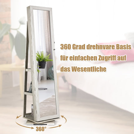 Dulap pentru bijuterii rotativ la 360° cu oglindă, cu încuietoare, alb