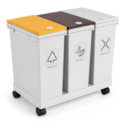 3-Compartment Kitchen Waste Bin with Castors, 12 l Each, White
