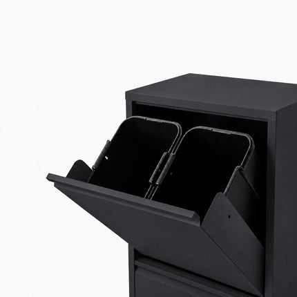 3-Compartment Waste Bin 40 l with Tipping Function, Black, Wall-Mountable