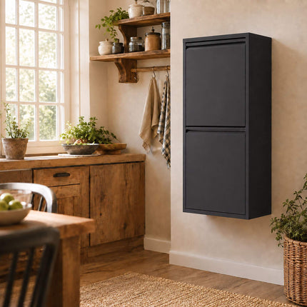 3-Compartment Waste Bin 40 l with Tipping Function, Black, Wall-Mountable