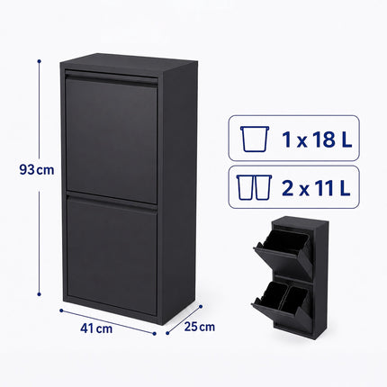 3-Compartment Waste Bin 40 l with Tipping Function, Black, Wall-Mountable