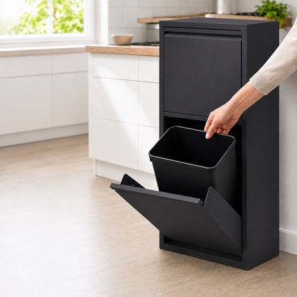 3-Compartment Waste Bin 40 l with Tipping Function, Black, Wall-Mountable