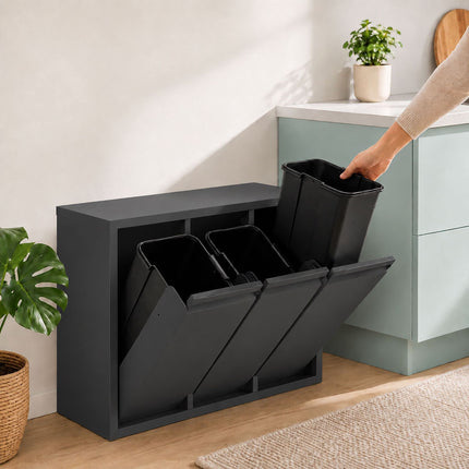 3-Compartment Waste Separation Bin 3 x 10 l, Steel, Tilt Function, Dark Grey