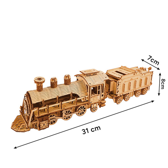 Puzzle 3D din lemn cu locomotivă cu abur, 282 de piese, pentru vârste de la 12 ani în sus