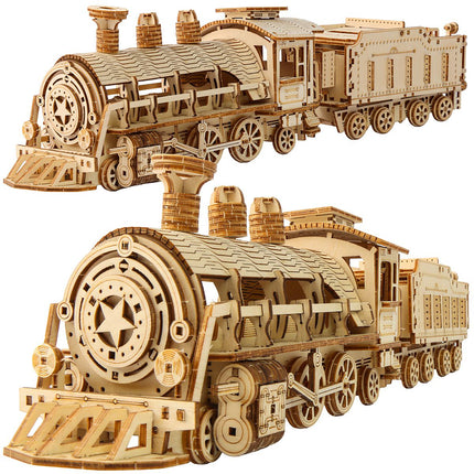 Puzzle 3D din lemn cu locomotivă cu abur, 282 de piese, pentru vârste de la 12 ani în sus