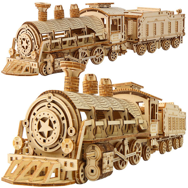 Puzzle 3D din lemn cu locomotivă cu abur, 282 de piese, pentru vârste de la 12 ani în sus