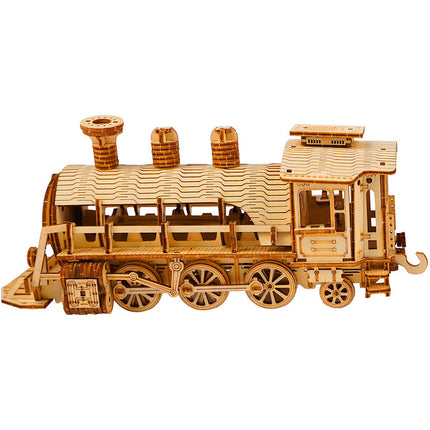 Puzzle 3D din lemn cu locomotivă cu abur, 282 de piese, pentru vârste de la 12 ani în sus