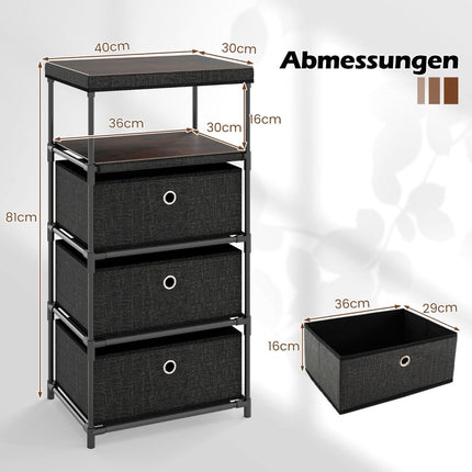 Comoda din stofa cu 3 sertare cu blat din lemn, negru, 40x30x81 cm