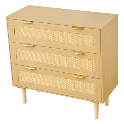 3-Drawer Rattan Dresser, Metal Handles, Wood Legs