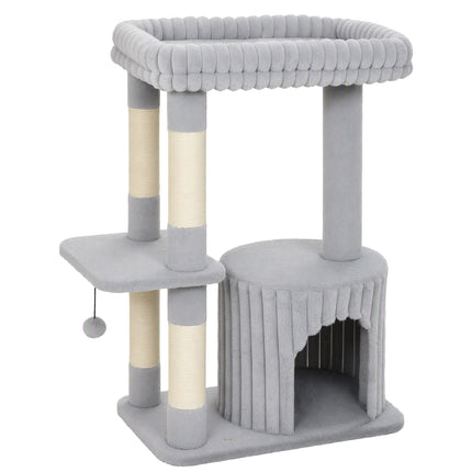 3-Level Cat Tree 93 cm with Sisal Posts and Washable Top Bed, Cave, Grey