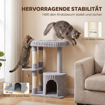 3-Level Cat Tree 93 cm with Sisal Posts and Washable Top Bed, Cave, Grey