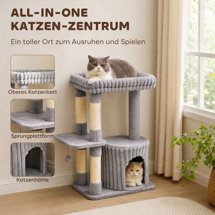 3-Level Cat Tree 93 cm with Sisal Posts and Washable Top Bed, Cave, Grey