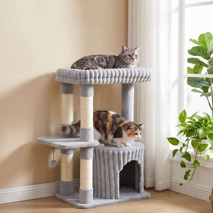3-Level Cat Tree 93 cm with Sisal Posts and Washable Top Bed, Cave, Grey