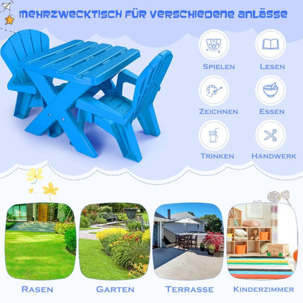 3 buc. Grup de scaune pentru copii din masă pentru copii din plastic cu 2 scaune Adirondack albastre